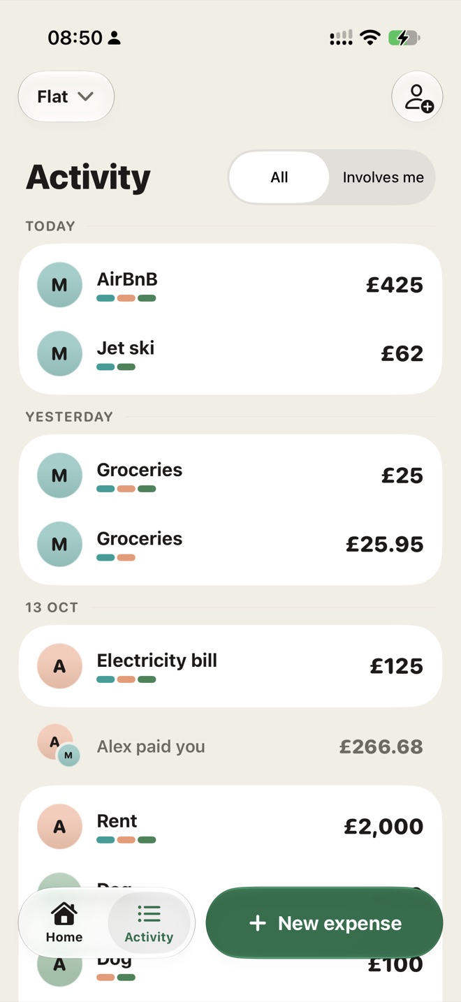 Activity: Airbnb, jet ski, groceries and bills, each showing who shared it