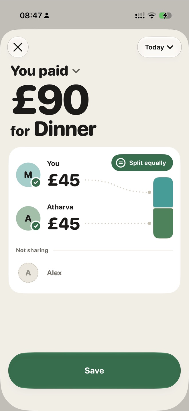 Adding an expense: you paid £90 for dinner, split equally with Atharva