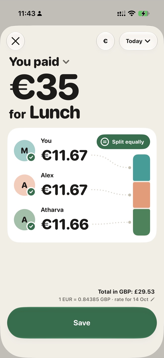 Adding an expense in euros: €35 for lunch, split three ways, £29.53 in pounds