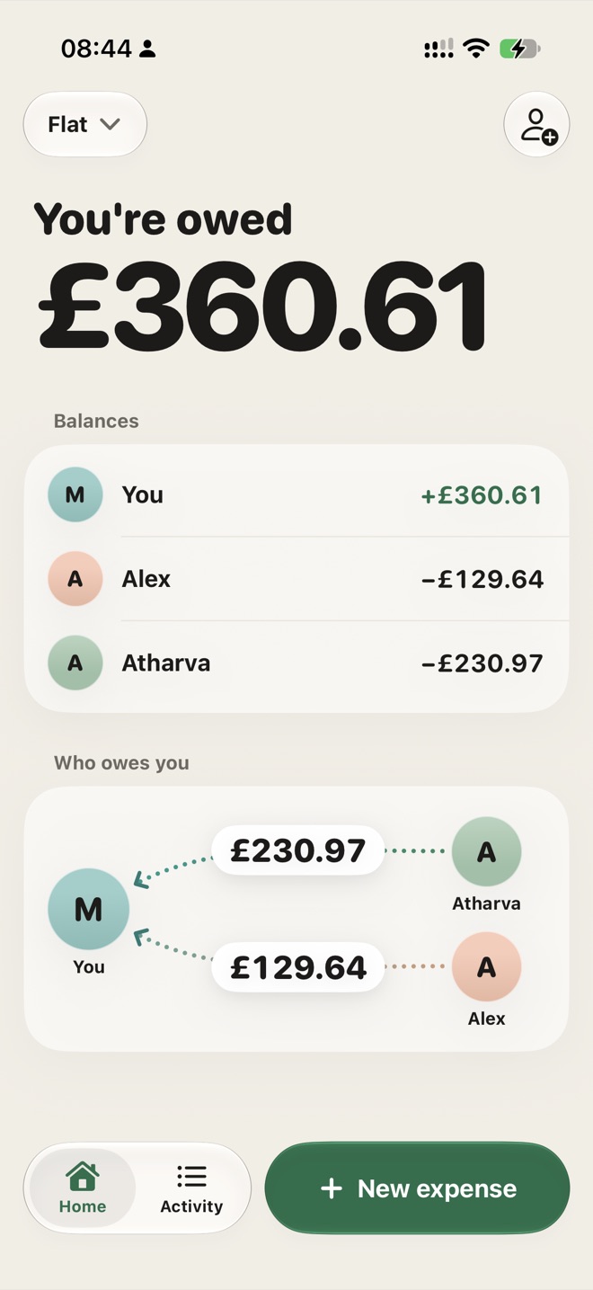 Home screen: you're owed £360.61, with balances for Alex and Atharva