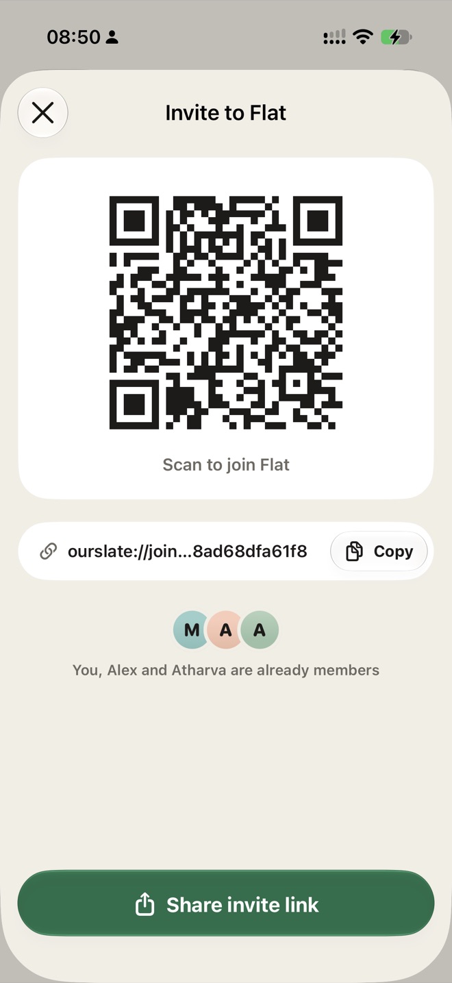 Inviting people to the Flat group with a QR code and a link to share